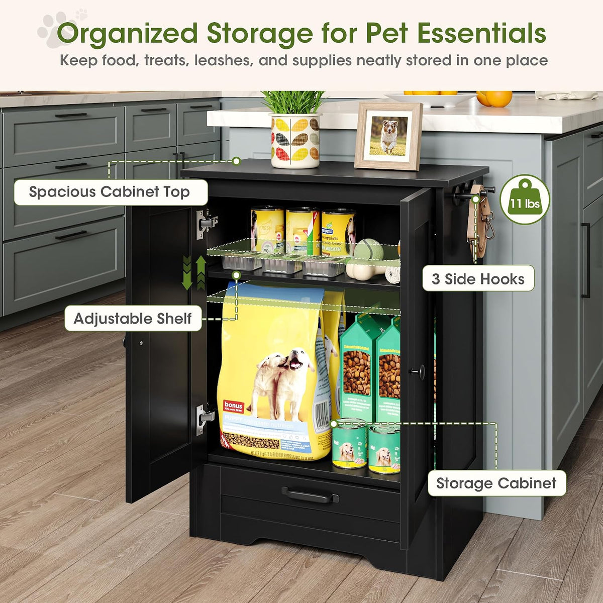 Dog Feeding Station with Storage Cabinet, White Wood Dog Cabinet with 2 Elevated Stainless Steel Bowls, Hidden Pull-Out Feeder Drawer, Pet Feeding Station for Kitchen and Living Room