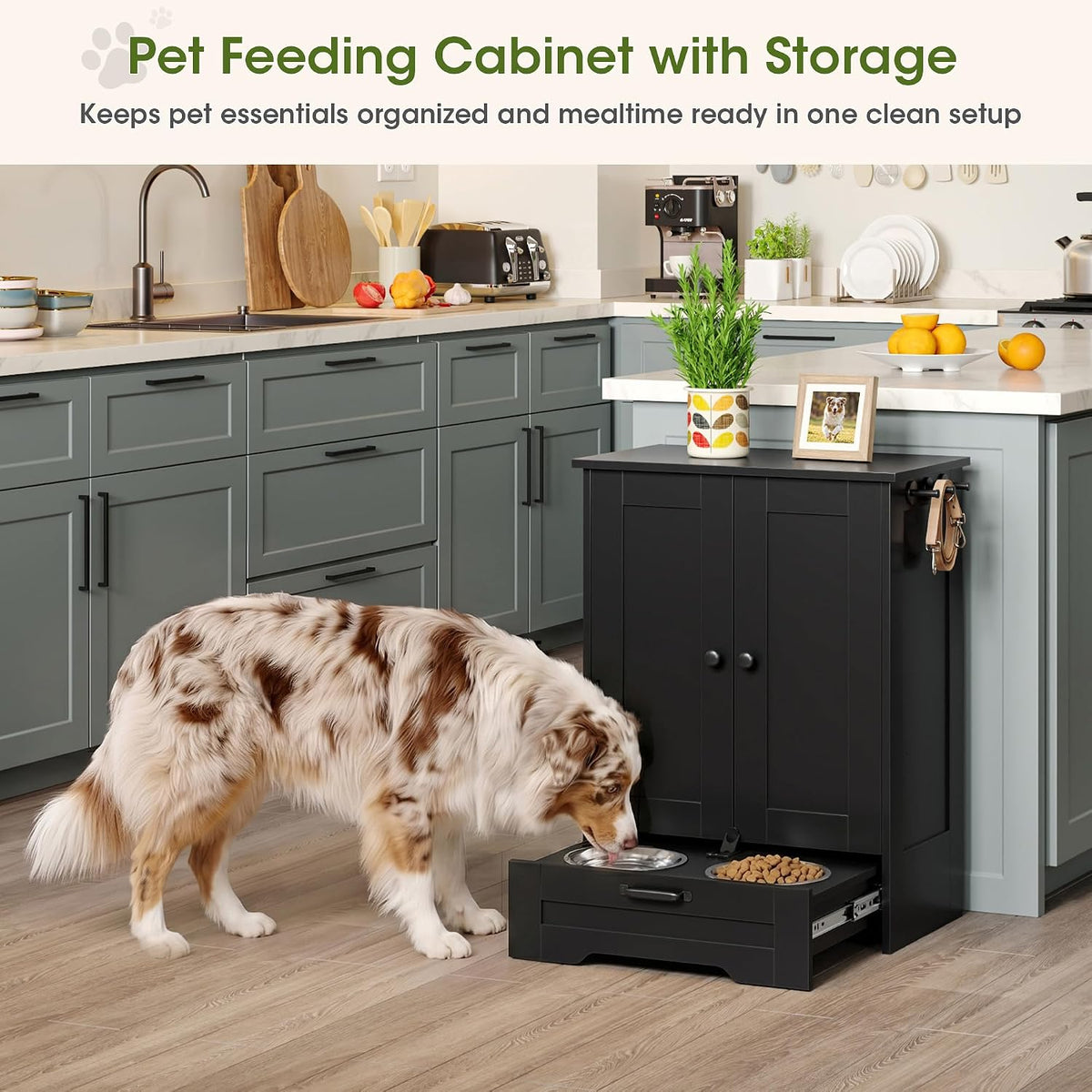 Dog Feeding Station with Storage Cabinet, White Wood Dog Cabinet with 2 Elevated Stainless Steel Bowls, Hidden Pull-Out Feeder Drawer, Pet Feeding Station for Kitchen and Living Room