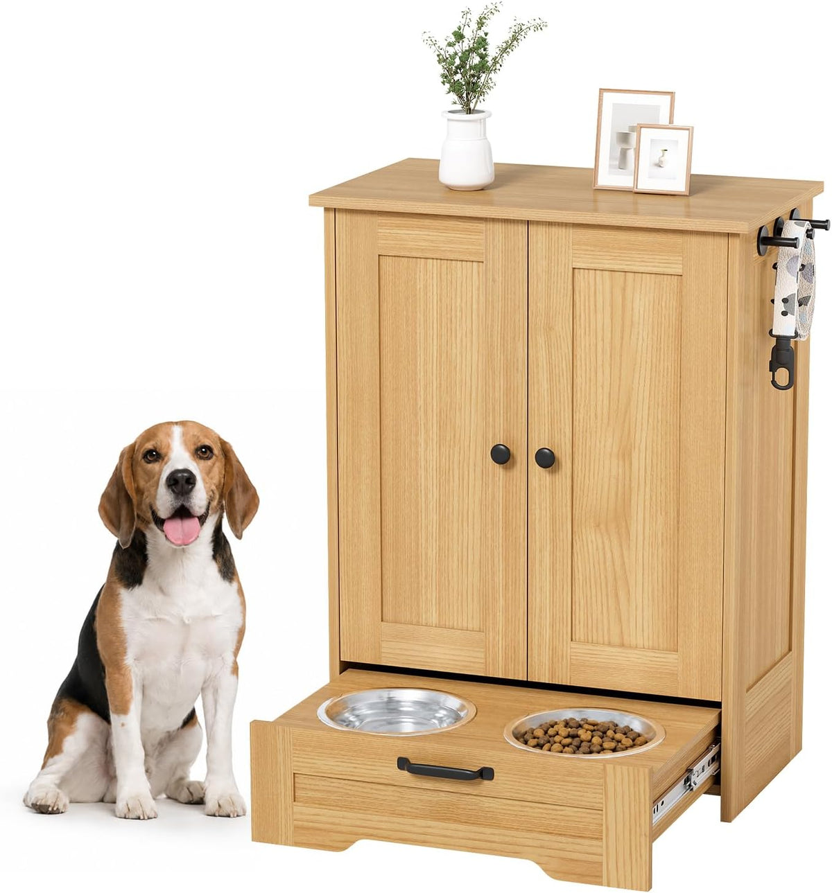 Dog Feeding Station with Storage Cabinet, White Wood Dog Cabinet with 2 Elevated Stainless Steel Bowls, Hidden Pull-Out Feeder Drawer, Pet Feeding Station for Kitchen and Living Room