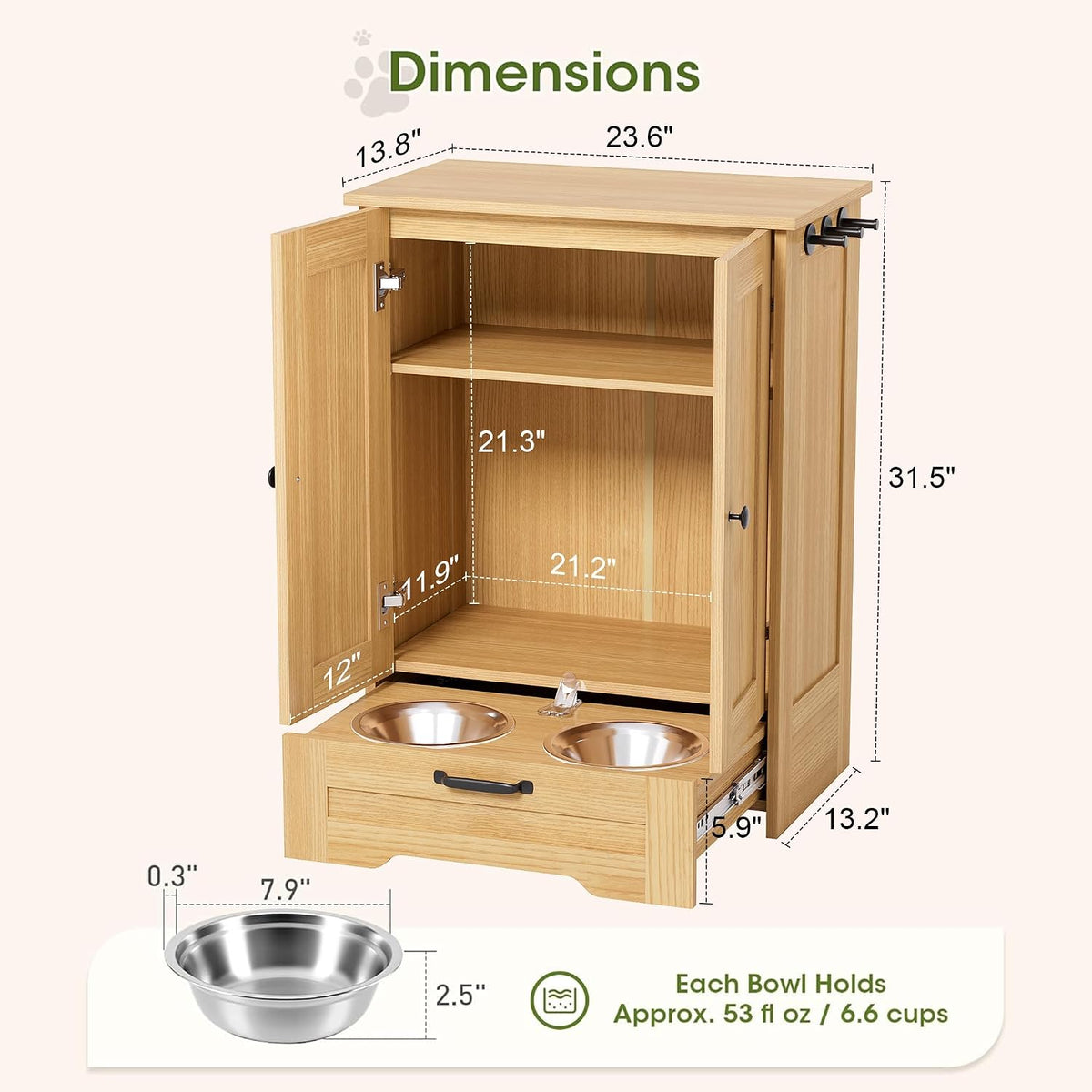Dog Feeding Station with Storage Cabinet, White Wood Dog Cabinet with 2 Elevated Stainless Steel Bowls, Hidden Pull-Out Feeder Drawer, Pet Feeding Station for Kitchen and Living Room