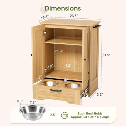 Dog Feeding Station with Storage Cabinet, White Wood Dog Cabinet with 2 Elevated Stainless Steel Bowls, Hidden Pull-Out Feeder Drawer, Pet Feeding Station for Kitchen and Living Room