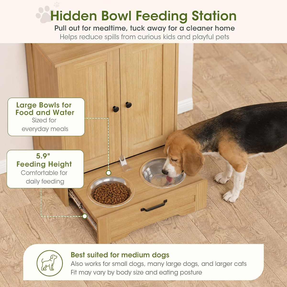 Dog Feeding Station with Storage Cabinet, White Wood Dog Cabinet with 2 Elevated Stainless Steel Bowls, Hidden Pull-Out Feeder Drawer, Pet Feeding Station for Kitchen and Living Room