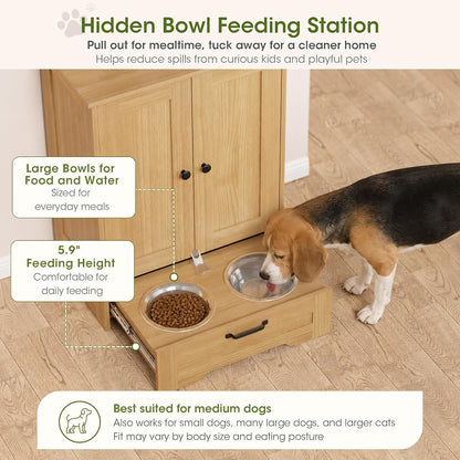 Dog Feeding Station with Storage Cabinet, White Wood Dog Cabinet with 2 Elevated Stainless Steel Bowls, Hidden Pull-Out Feeder Drawer, Pet Feeding Station for Kitchen and Living Room