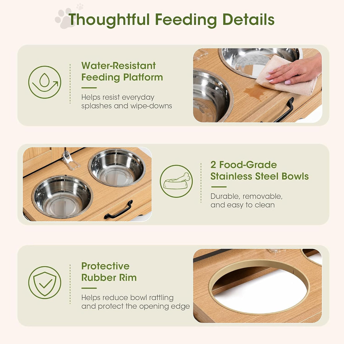 Dog Feeding Station with Storage Cabinet, White Wood Dog Cabinet with 2 Elevated Stainless Steel Bowls, Hidden Pull-Out Feeder Drawer, Pet Feeding Station for Kitchen and Living Room