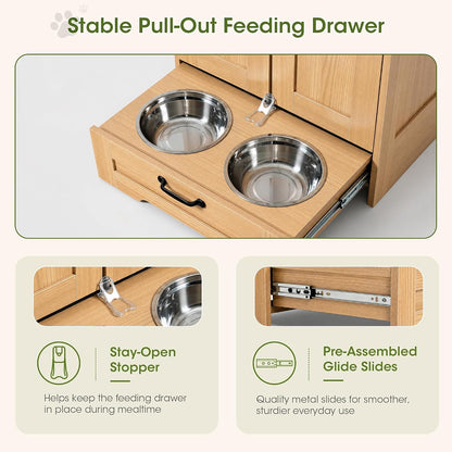 Dog Feeding Station with Storage Cabinet, White Wood Dog Cabinet with 2 Elevated Stainless Steel Bowls, Hidden Pull-Out Feeder Drawer, Pet Feeding Station for Kitchen and Living Room