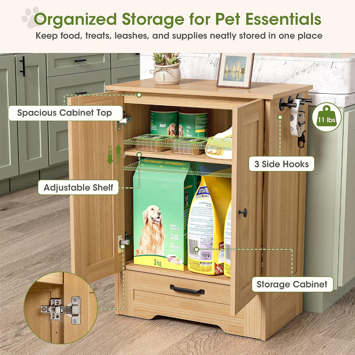 Dog Feeding Station with Storage Cabinet, White Wood Dog Cabinet with 2 Elevated Stainless Steel Bowls, Hidden Pull-Out Feeder Drawer, Pet Feeding Station for Kitchen and Living Room