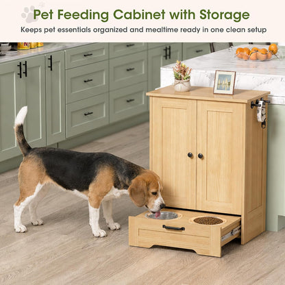 Dog Feeding Station with Storage Cabinet, White Wood Dog Cabinet with 2 Elevated Stainless Steel Bowls, Hidden Pull-Out Feeder Drawer, Pet Feeding Station for Kitchen and Living Room