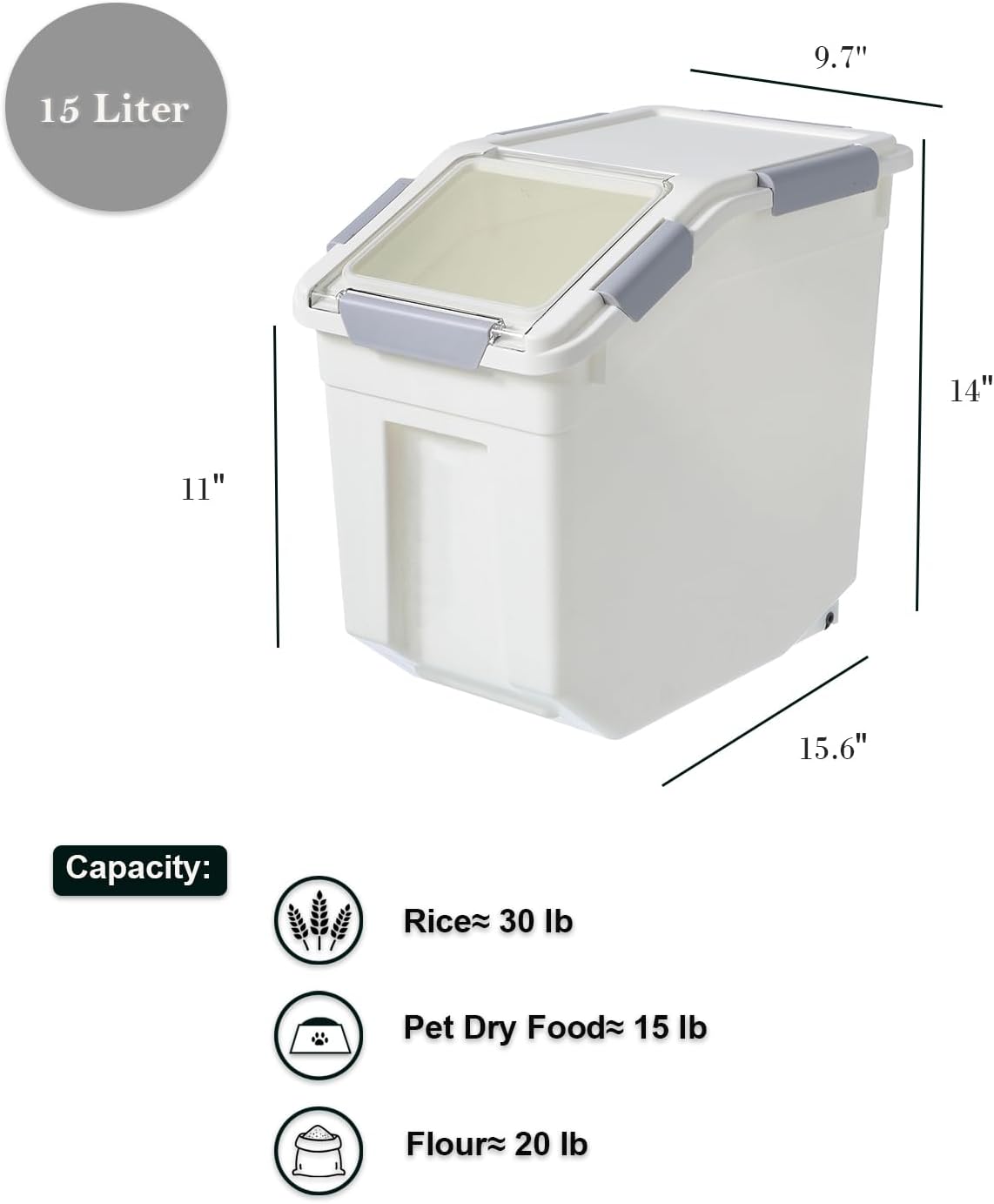 33 Liter / 50 lbs Rice Storage Container with Measuring Cup, BPA free, For Rice | Grain | Pet Food | Flour, White