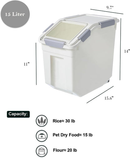 33 Liter / 50 lbs Rice Storage Container with Measuring Cup, BPA free, For Rice | Grain | Pet Food | Flour, White