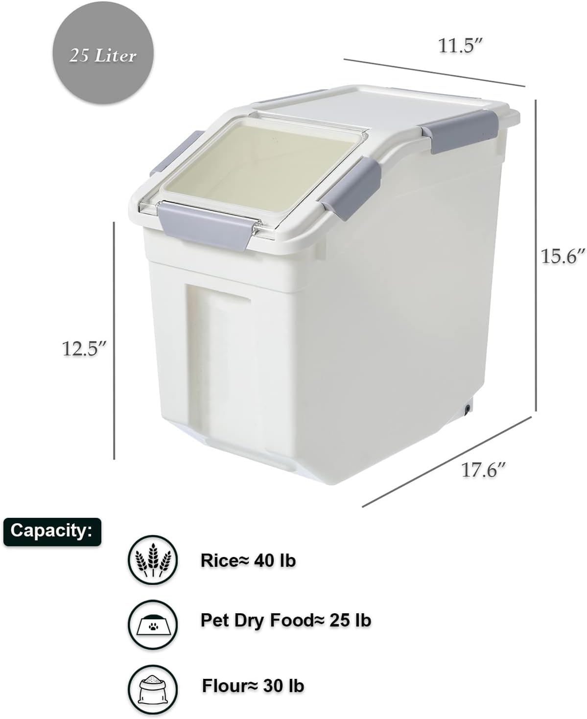 33 Liter / 50 lbs Rice Storage Container with Measuring Cup, BPA free, For Rice | Grain | Pet Food | Flour, White