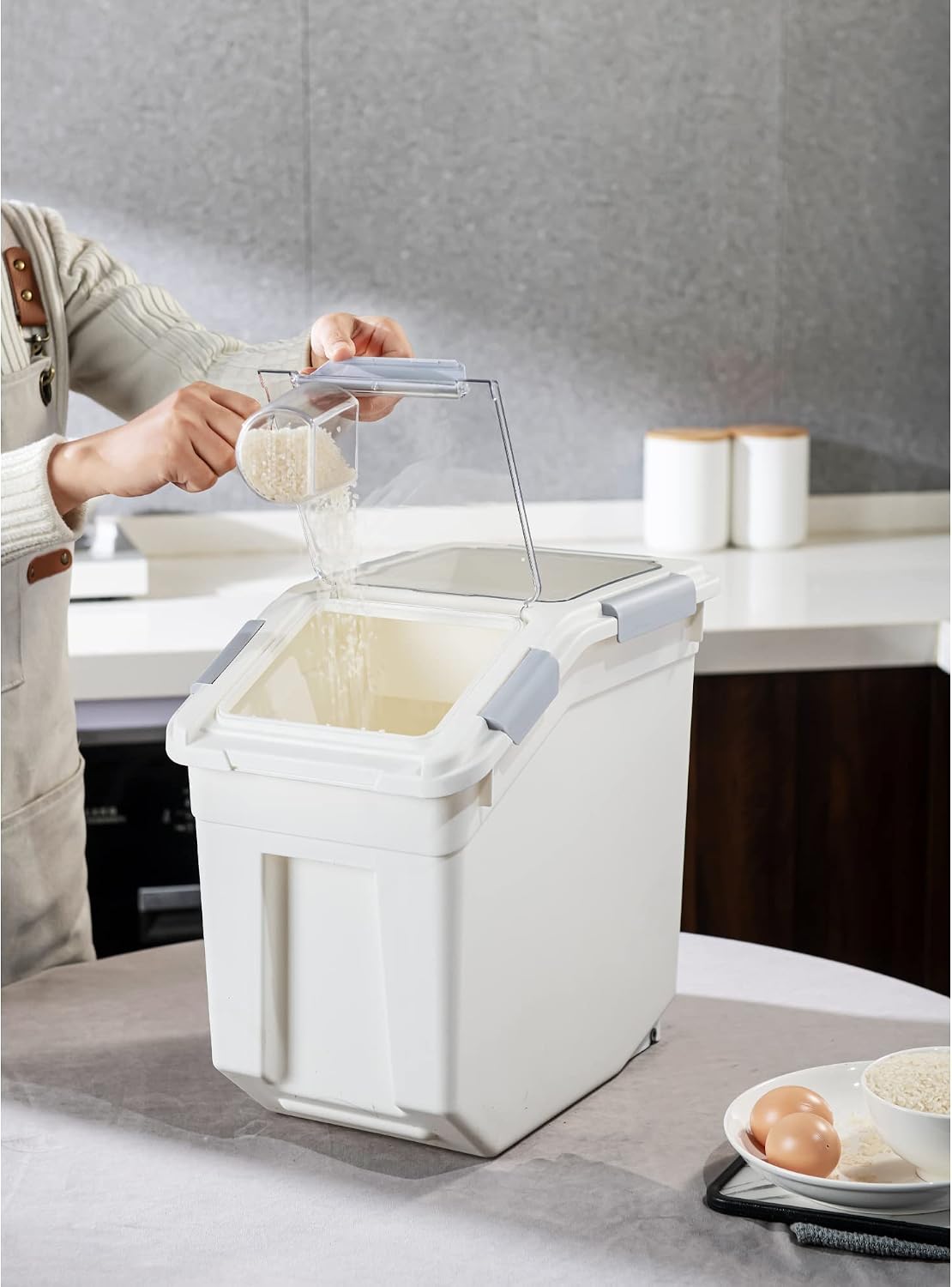 33 Liter / 50 lbs Rice Storage Container with Measuring Cup, BPA free, For Rice | Grain | Pet Food | Flour, White