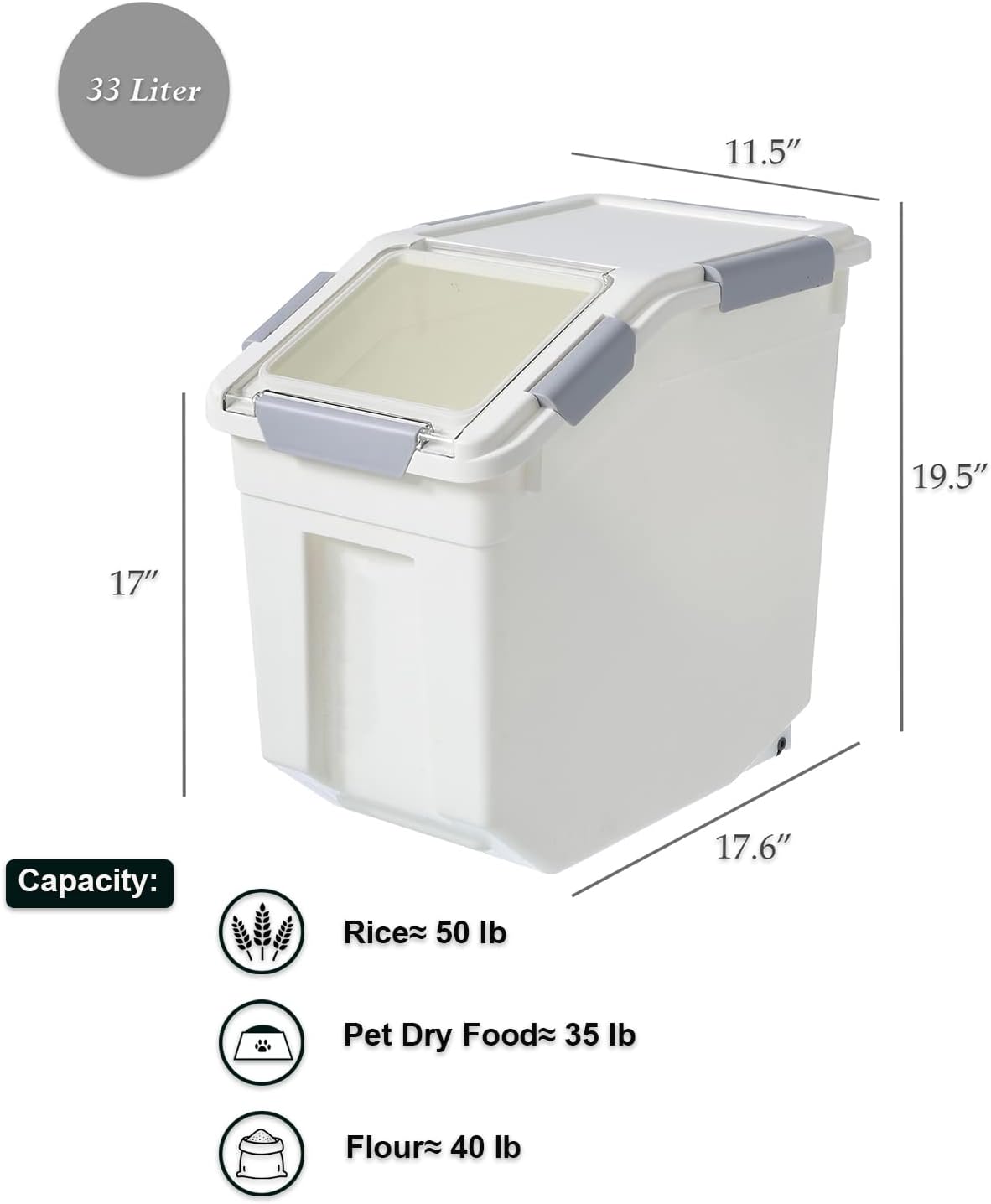 33 Liter / 50 lbs Rice Storage Container with Measuring Cup, BPA free, For Rice | Grain | Pet Food | Flour, White