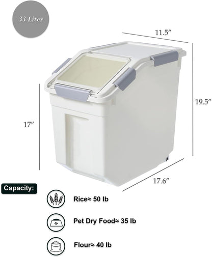 33 Liter / 50 lbs Rice Storage Container with Measuring Cup, BPA free, For Rice | Grain | Pet Food | Flour, White