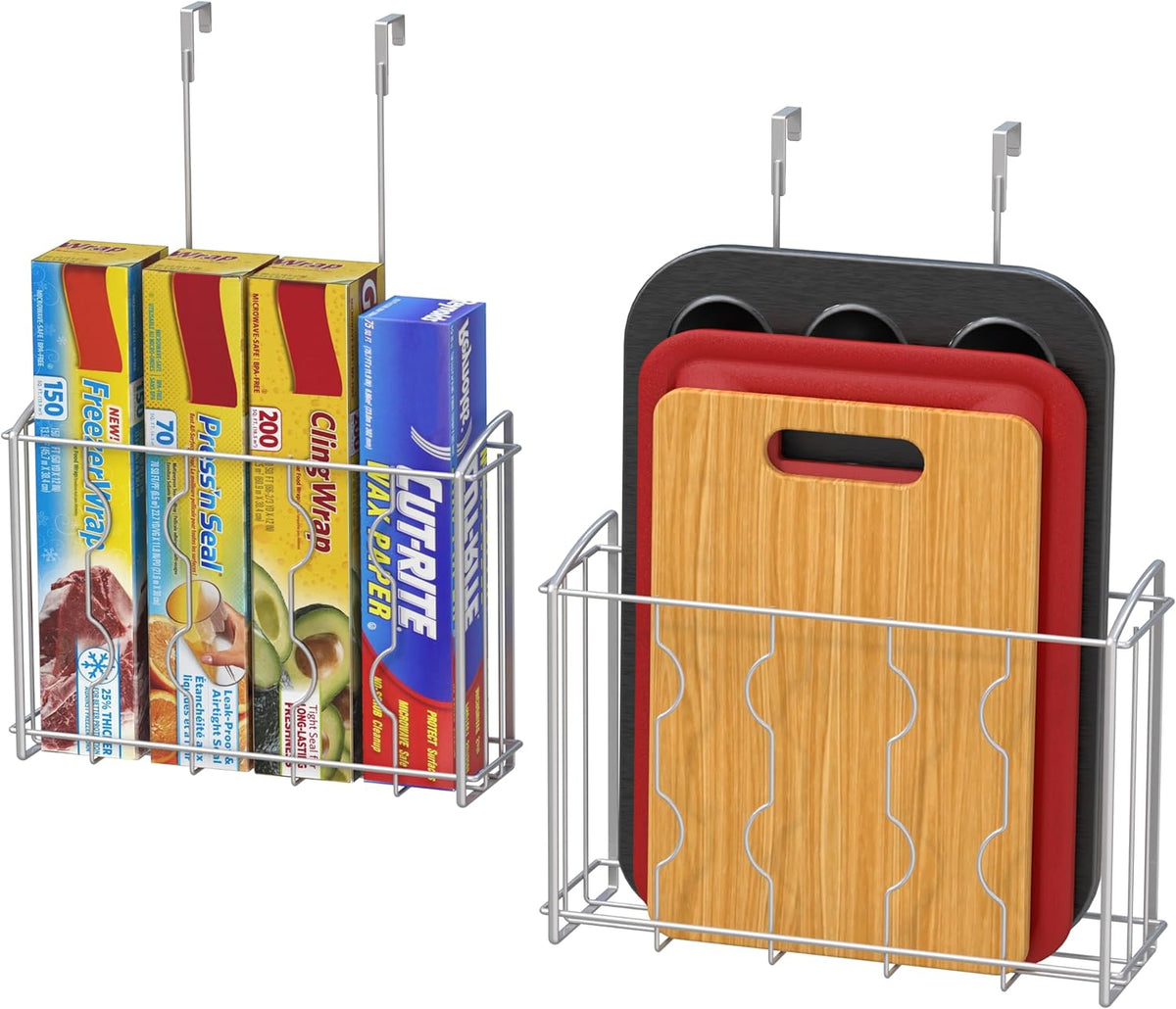 Over the Cabinet Door Organizer Holder, 2pcs (L+M), Silver | 13.5" W x 4.25" D x 18.5" H & 12.5" W x 3.6" D x 18.5" H