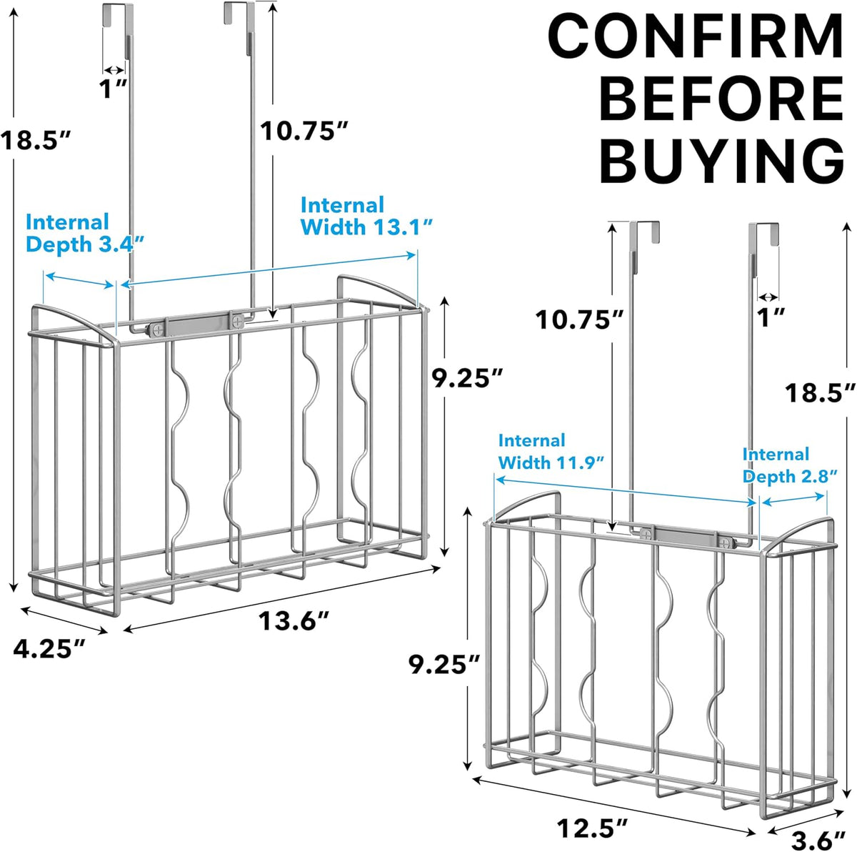 Over the Cabinet Door Organizer Holder, 2pcs (L+M), Silver | 13.5" W x 4.25" D x 18.5" H & 12.5" W x 3.6" D x 18.5" H
