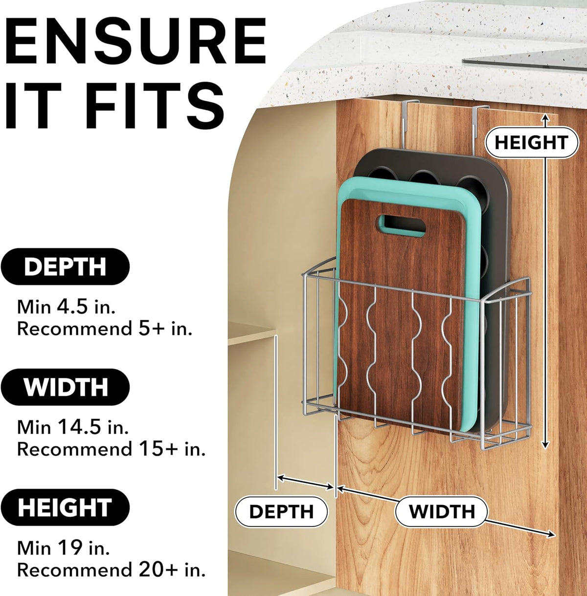 Over the Cabinet Door Organizer Holder, 2pcs (L+M), Silver | 13.5" W x 4.25" D x 18.5" H & 12.5" W x 3.6" D x 18.5" H