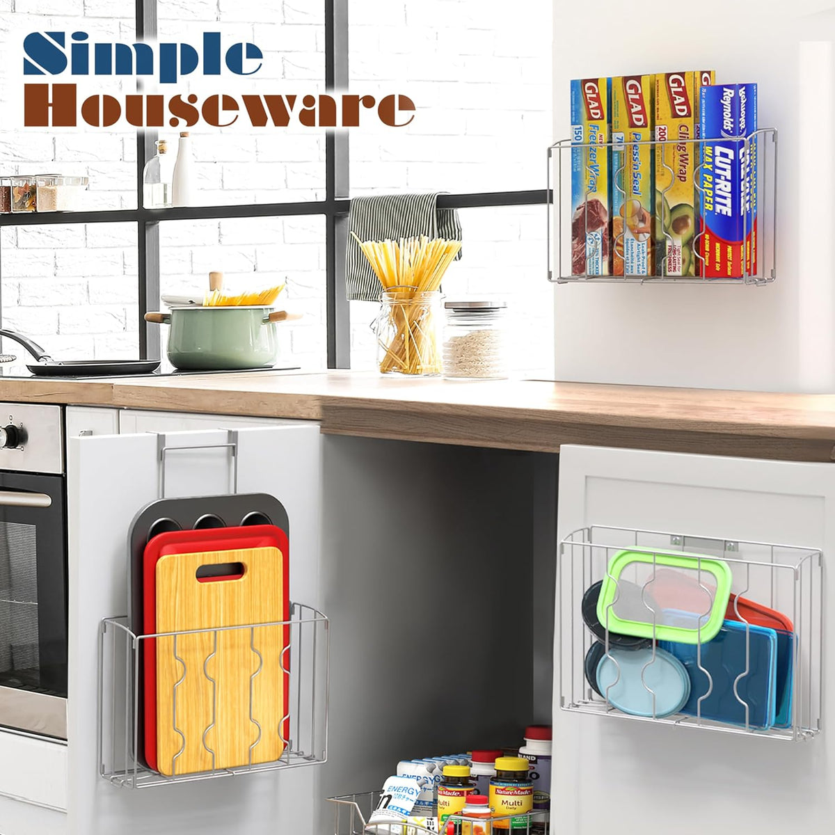 Over the Cabinet Door Organizer Holder, 2pcs (L+M), Silver | 13.5" W x 4.25" D x 18.5" H & 12.5" W x 3.6" D x 18.5" H