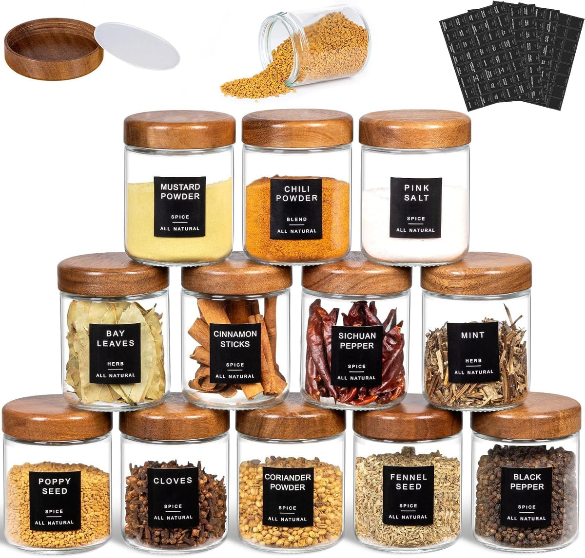 Yangbaga Glass Spice Containers for Kitchen: 24P 4oz Dishwasher Safe Jars | Durable Glass Jars for Cooking Enthusiasts- Airtight Acacia lid 500X Open-Close no Loose - Gift/Daily Use for Housewives