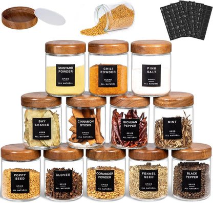 Yangbaga Glass Spice Containers for Kitchen: 24P 4oz Dishwasher Safe Jars | Durable Glass Jars for Cooking Enthusiasts- Airtight Acacia lid 500X Open-Close no Loose - Gift/Daily Use for Housewives