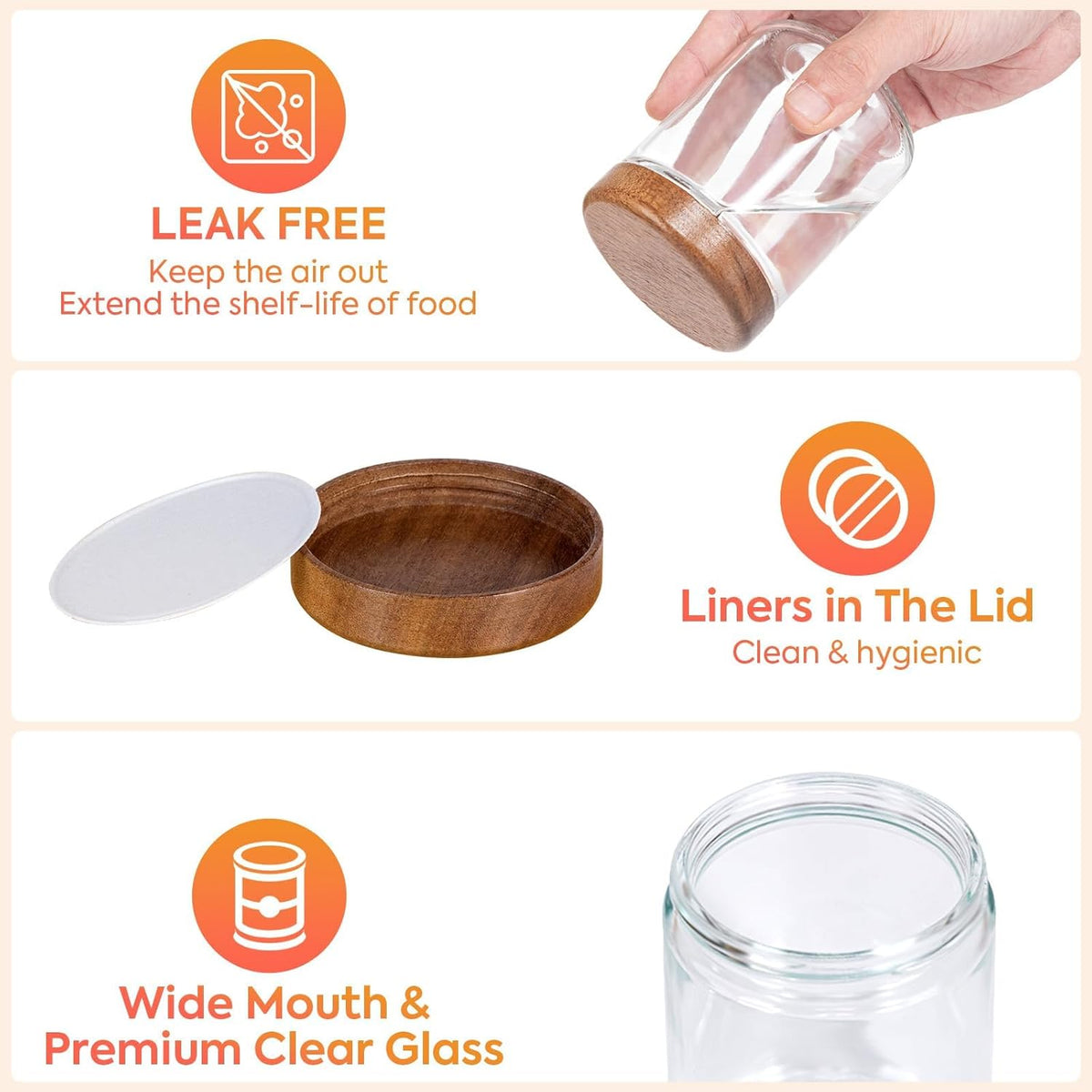 Yangbaga Glass Spice Containers for Kitchen: 24P 4oz Dishwasher Safe Jars | Durable Glass Jars for Cooking Enthusiasts- Airtight Acacia lid 500X Open-Close no Loose - Gift/Daily Use for Housewives