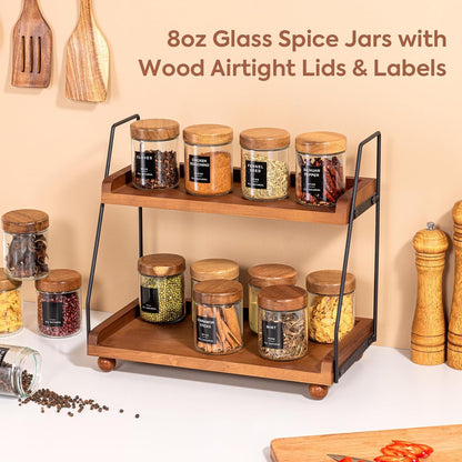 Yangbaga Glass Spice Containers for Kitchen: 24P 4oz Dishwasher Safe Jars | Durable Glass Jars for Cooking Enthusiasts- Airtight Acacia lid 500X Open-Close no Loose - Gift/Daily Use for Housewives