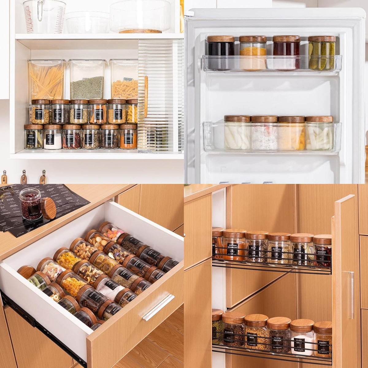 Yangbaga Glass Spice Containers for Kitchen: 24P 4oz Dishwasher Safe Jars | Durable Glass Jars for Cooking Enthusiasts- Airtight Acacia lid 500X Open-Close no Loose - Gift/Daily Use for Housewives