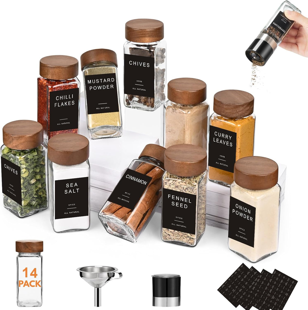 Yangbaga Glass Spice Containers for Kitchen: 24P 4oz Dishwasher Safe Jars | Durable Glass Jars for Cooking Enthusiasts- Airtight Acacia lid 500X Open-Close no Loose - Gift/Daily Use for Housewives