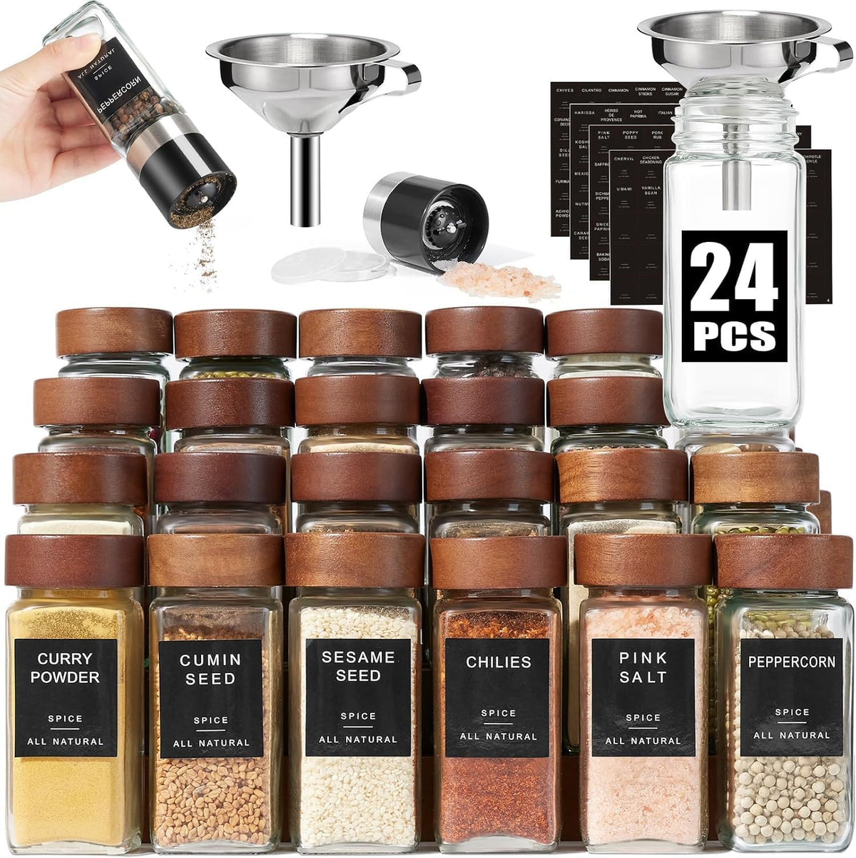Yangbaga Glass Spice Containers for Kitchen: 24P 4oz Dishwasher Safe Jars | Durable Glass Jars for Cooking Enthusiasts- Airtight Acacia lid 500X Open-Close no Loose - Gift/Daily Use for Housewives
