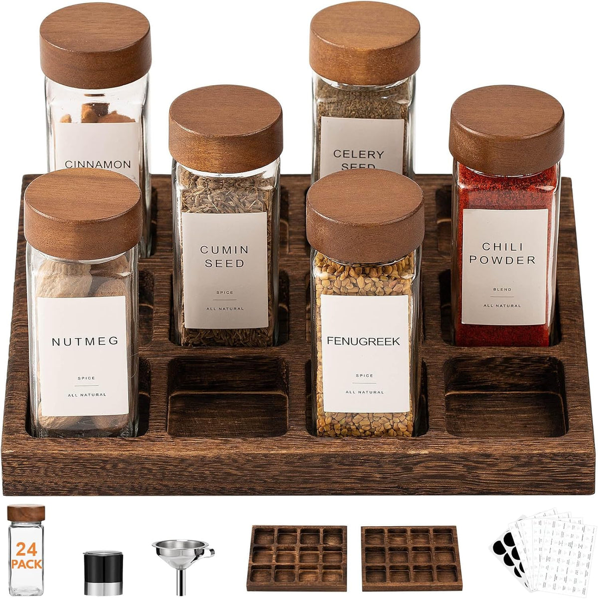 Yangbaga Glass Spice Containers for Kitchen: 24P 4oz Dishwasher Safe Jars | Durable Glass Jars for Cooking Enthusiasts- Airtight Acacia lid 500X Open-Close no Loose - Gift/Daily Use for Housewives