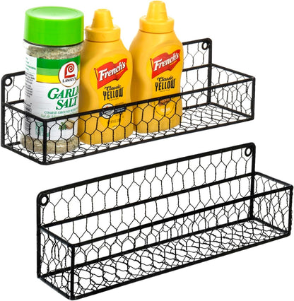 MyGift 12 Inch Black Wire Wall Spice Rack Set of 2 Seasoning Shelf