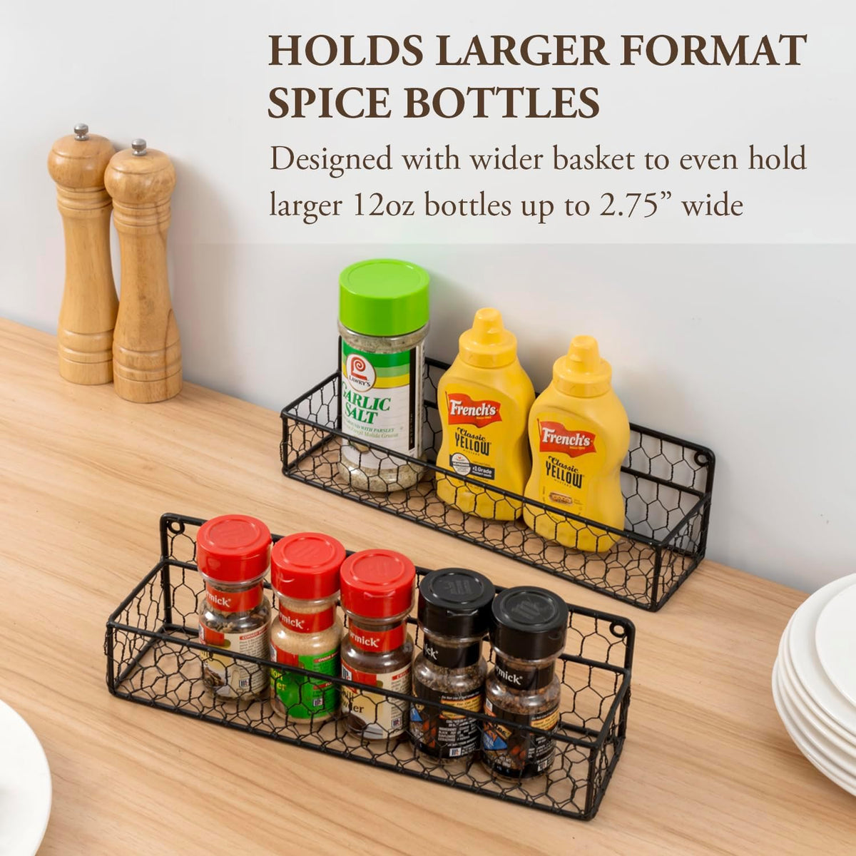 MyGift 12 Inch Black Wire Wall Spice Rack Set of 2 Seasoning Shelf