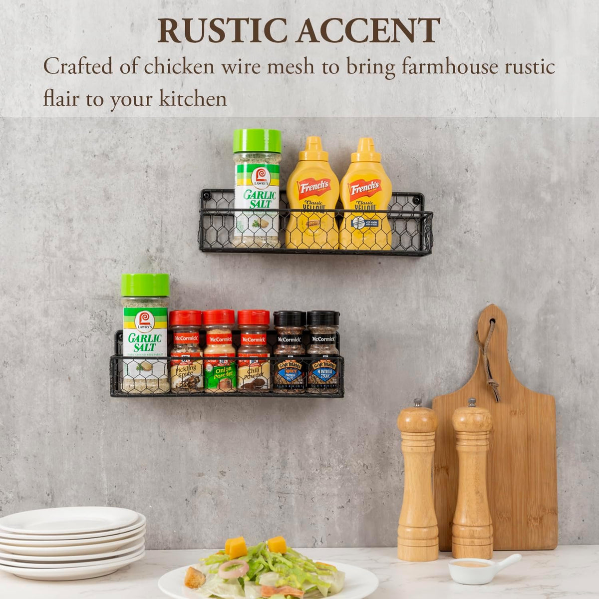 MyGift 12 Inch Black Wire Wall Spice Rack Set of 2 Seasoning Shelf