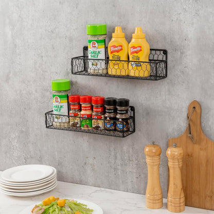 MyGift 12 Inch Black Wire Wall Spice Rack Set of 2 Seasoning Shelf