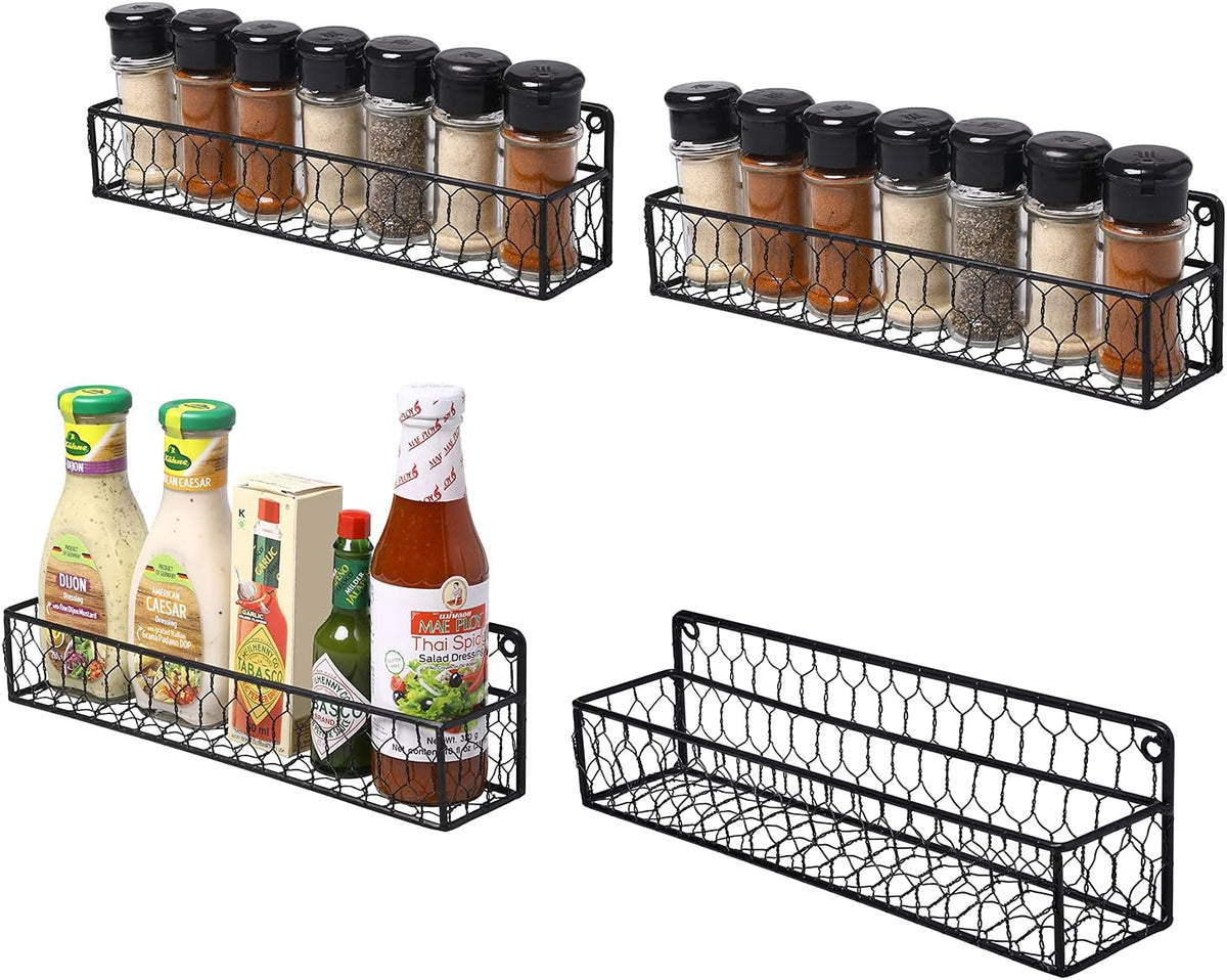 MyGift 12 Inch Black Wire Wall Spice Rack Set of 2 Seasoning Shelf