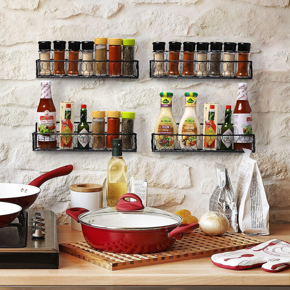 MyGift 12 Inch Black Wire Wall Spice Rack Set of 2 Seasoning Shelf