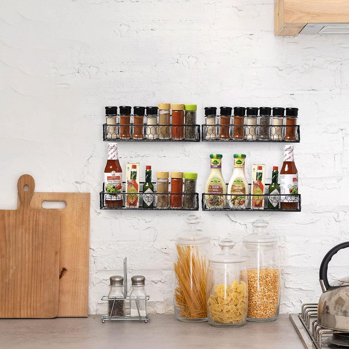 MyGift 12 Inch Black Wire Wall Spice Rack Set of 2 Seasoning Shelf