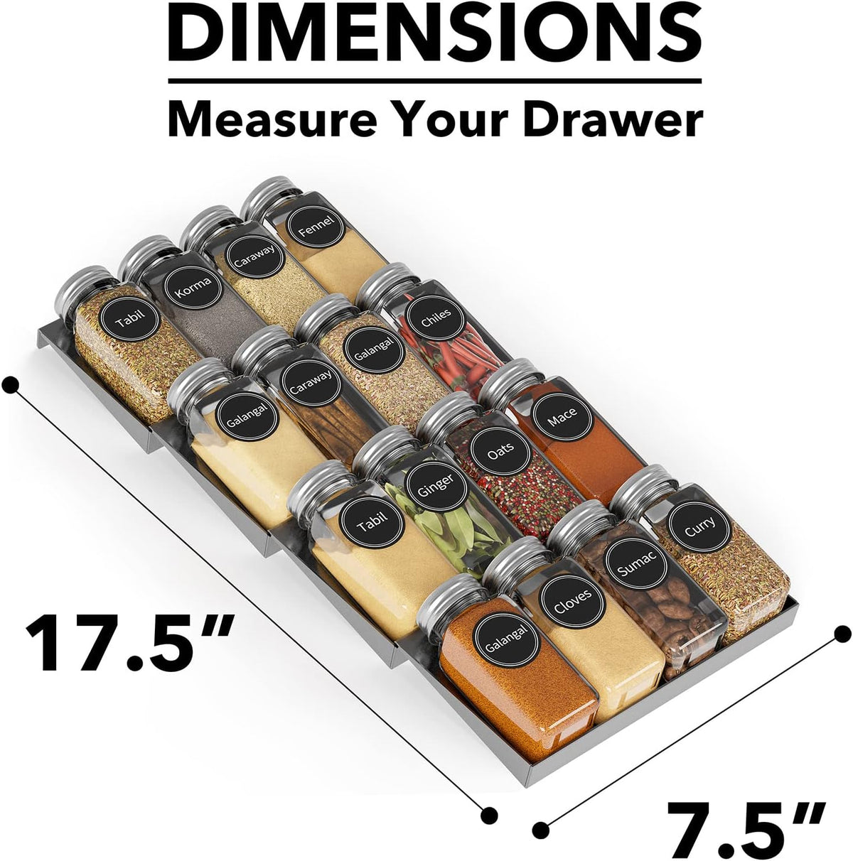 Spice Drawer Organizer with 28 Spice Jars, 386 Spice Labels, 4 Tier Seasoning Rack Tray Insert for Kitchen Drawers, 13" Wide x 17.5" Deep