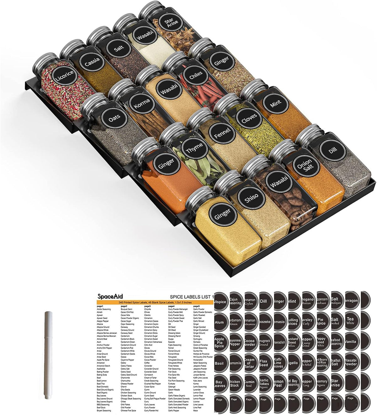 Spice Drawer Organizer with 28 Spice Jars, 386 Spice Labels, 4 Tier Seasoning Rack Tray Insert for Kitchen Drawers, 13" Wide x 17.5" Deep