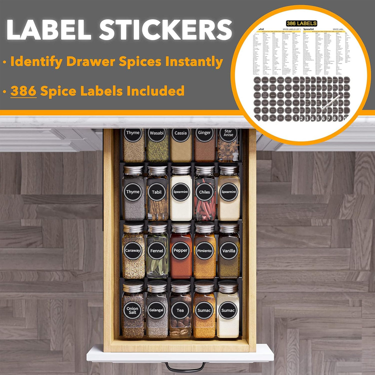 Spice Drawer Organizer with 28 Spice Jars, 386 Spice Labels, 4 Tier Seasoning Rack Tray Insert for Kitchen Drawers, 13" Wide x 17.5" Deep