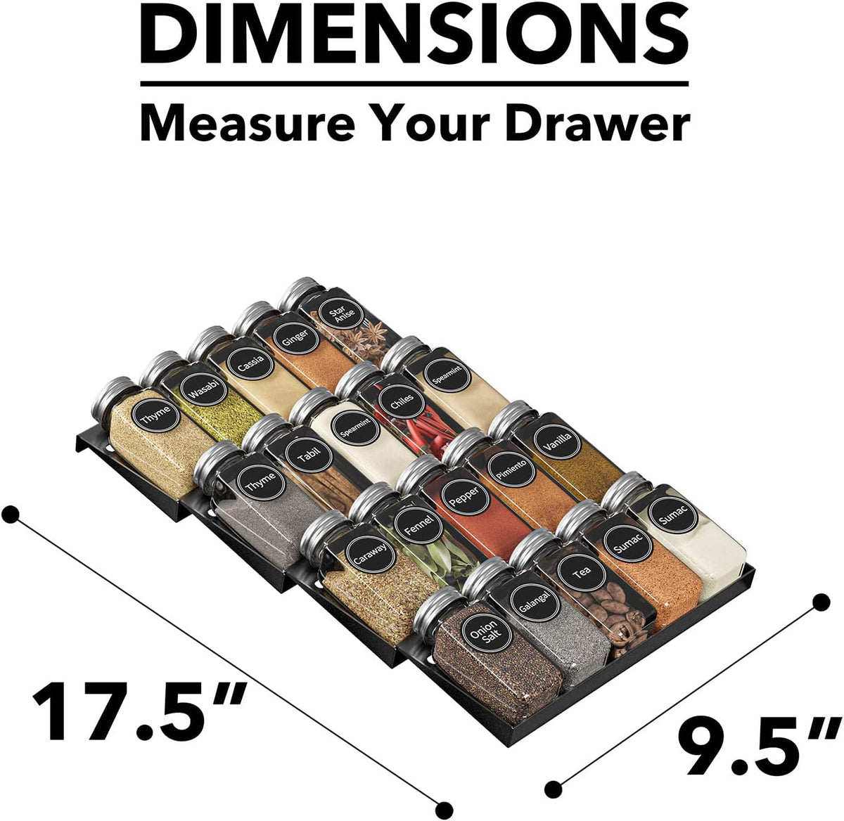 Spice Drawer Organizer with 28 Spice Jars, 386 Spice Labels, 4 Tier Seasoning Rack Tray Insert for Kitchen Drawers, 13" Wide x 17.5" Deep