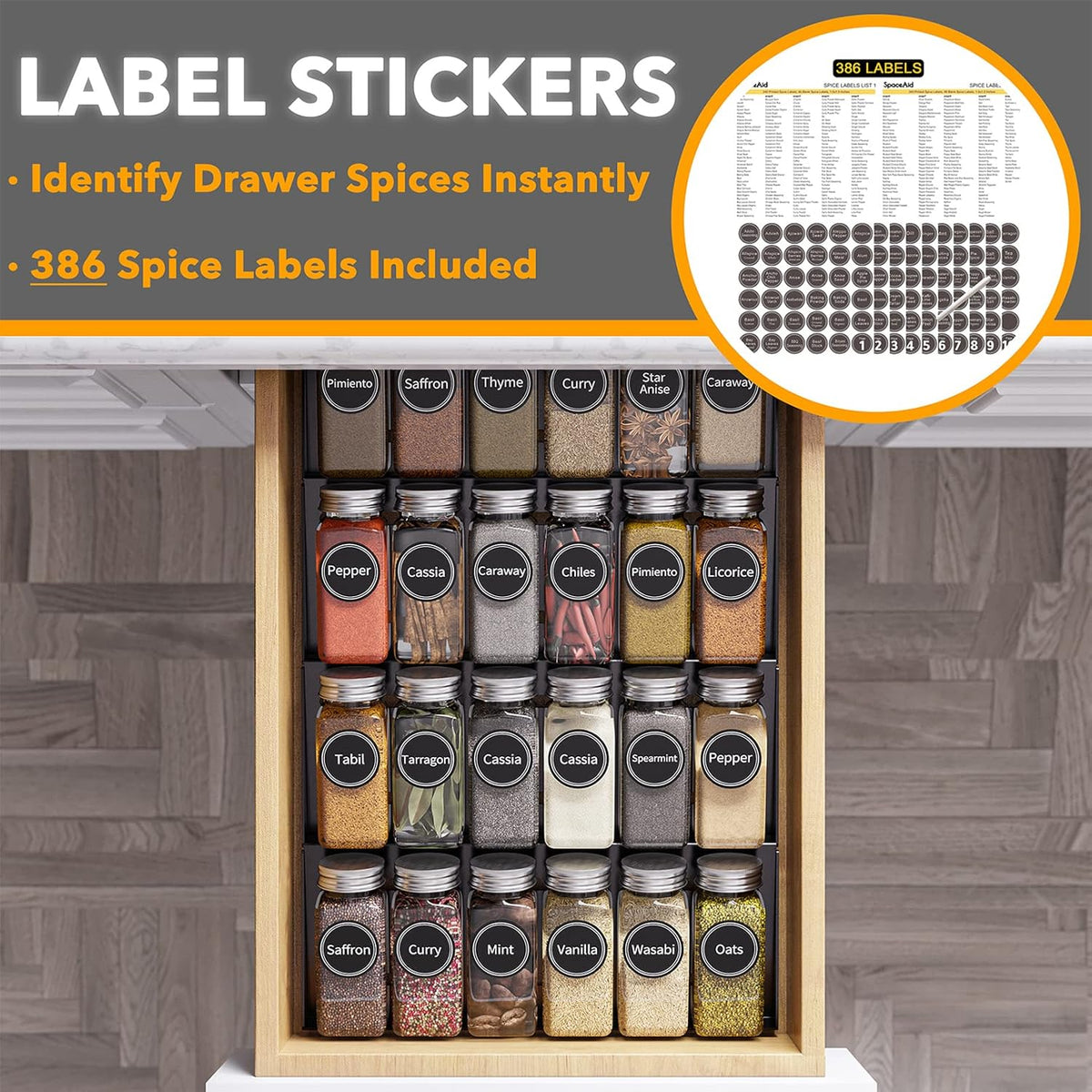 Spice Drawer Organizer with 28 Spice Jars, 386 Spice Labels, 4 Tier Seasoning Rack Tray Insert for Kitchen Drawers, 13" Wide x 17.5" Deep