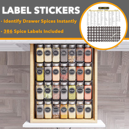 Spice Drawer Organizer with 28 Spice Jars, 386 Spice Labels, 4 Tier Seasoning Rack Tray Insert for Kitchen Drawers, 13" Wide x 17.5" Deep