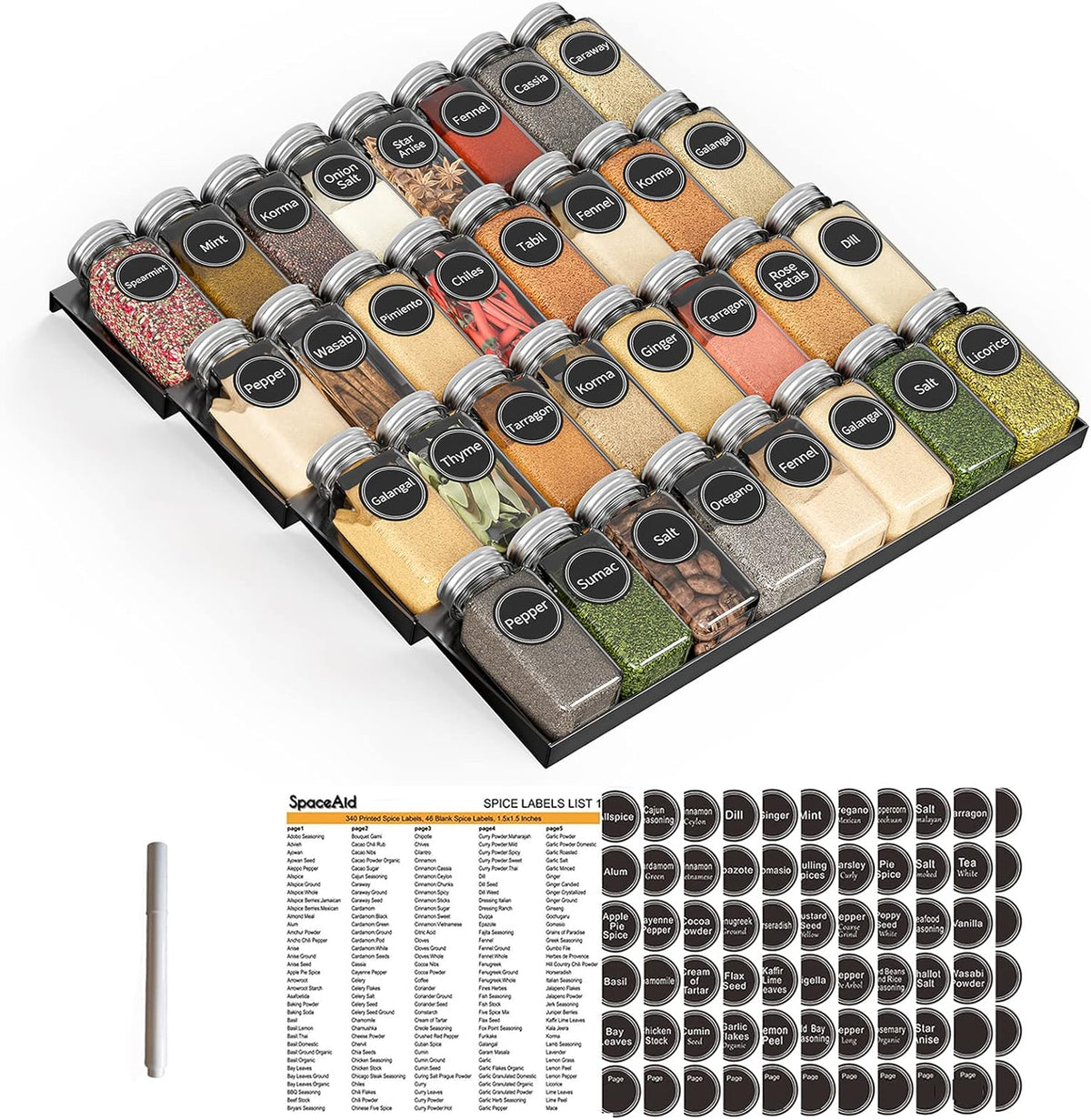 Spice Drawer Organizer with 28 Spice Jars, 386 Spice Labels, 4 Tier Seasoning Rack Tray Insert for Kitchen Drawers, 13" Wide x 17.5" Deep