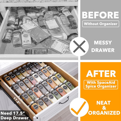 Spice Drawer Organizer with 28 Spice Jars, 386 Spice Labels, 4 Tier Seasoning Rack Tray Insert for Kitchen Drawers, 13" Wide x 17.5" Deep