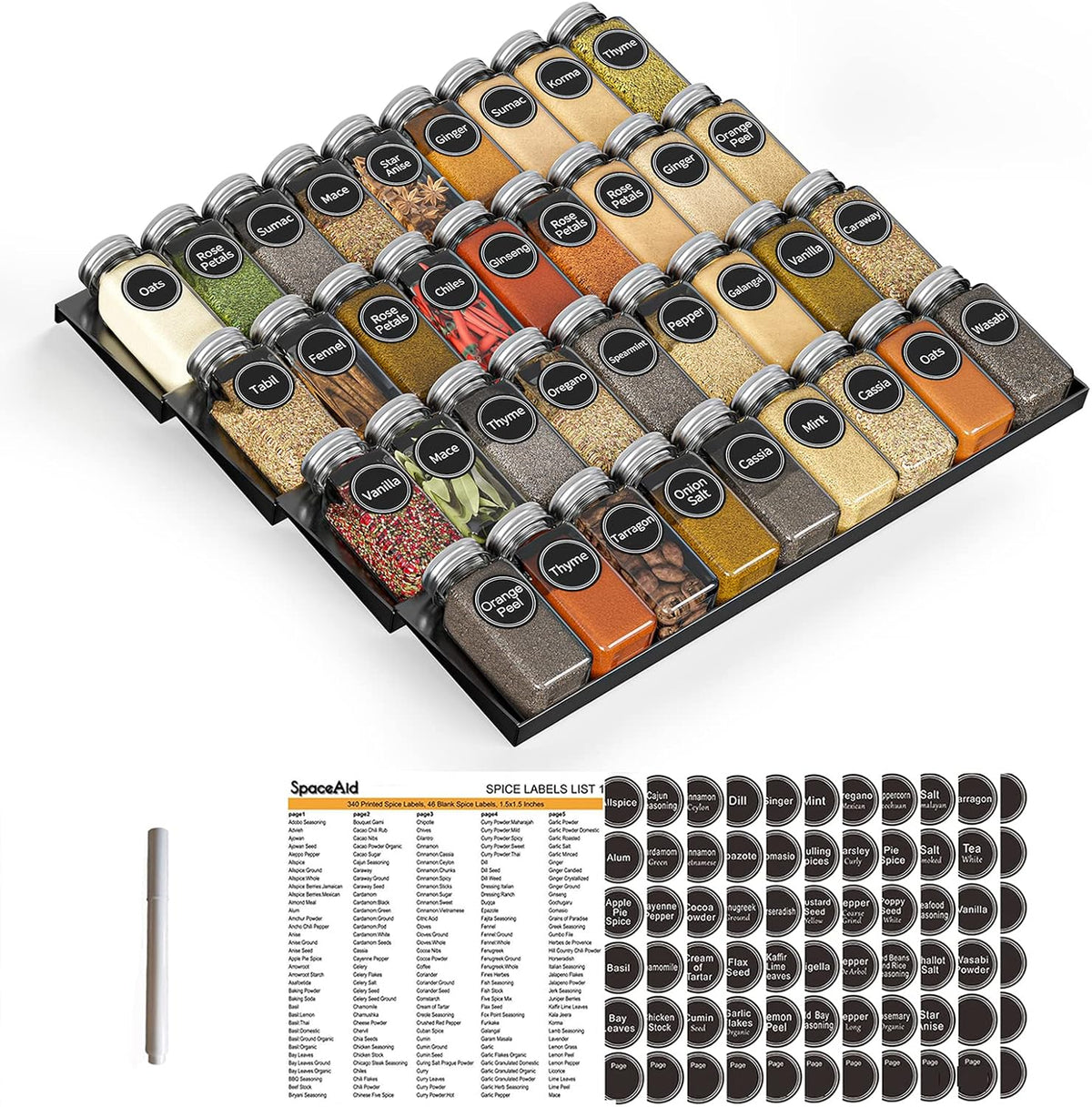 Spice Drawer Organizer with 28 Spice Jars, 386 Spice Labels, 4 Tier Seasoning Rack Tray Insert for Kitchen Drawers, 13" Wide x 17.5" Deep
