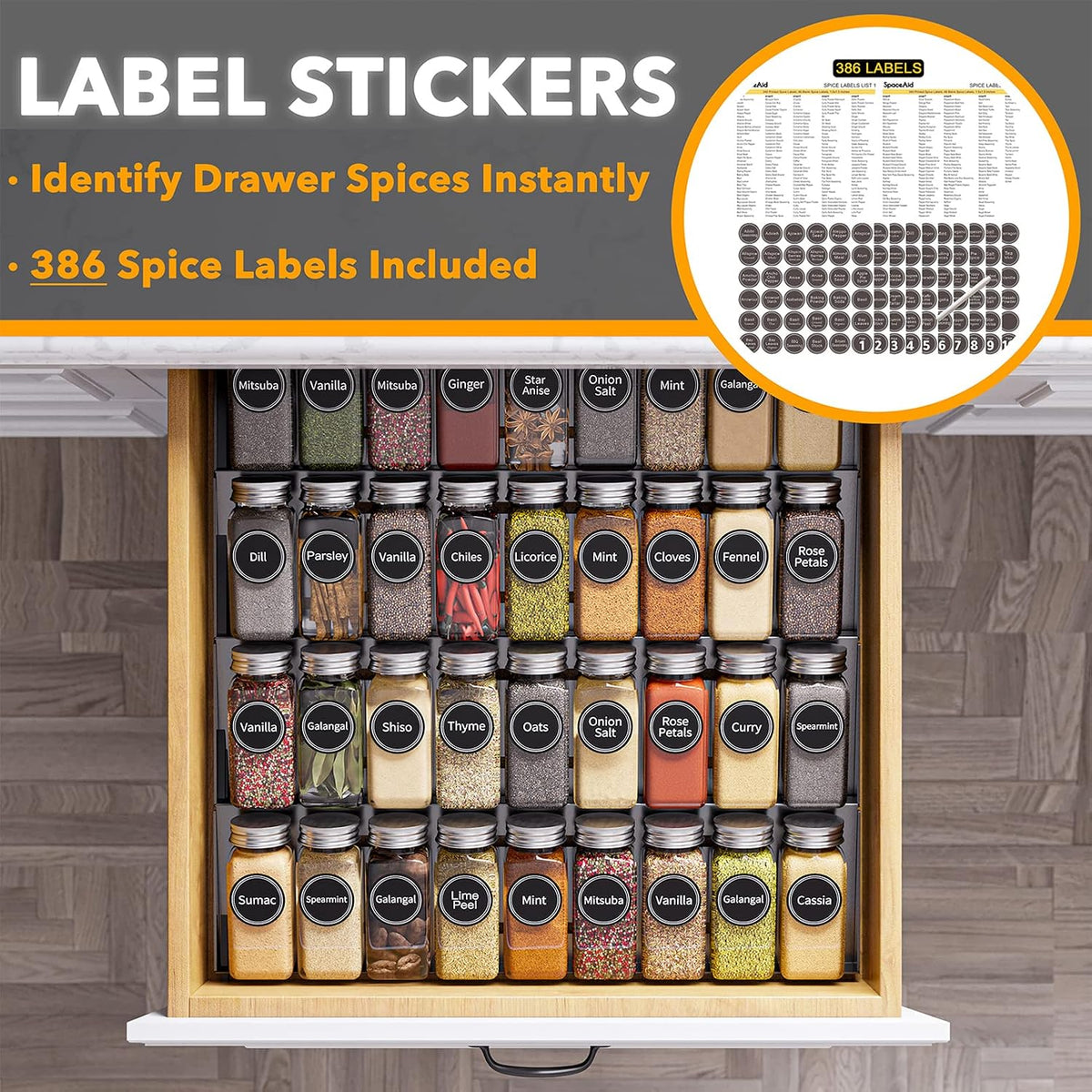 Spice Drawer Organizer with 28 Spice Jars, 386 Spice Labels, 4 Tier Seasoning Rack Tray Insert for Kitchen Drawers, 13" Wide x 17.5" Deep