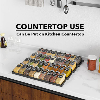 Spice Drawer Organizer with 28 Spice Jars, 386 Spice Labels, 4 Tier Seasoning Rack Tray Insert for Kitchen Drawers, 13" Wide x 17.5" Deep