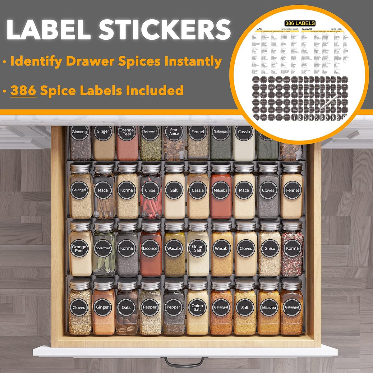 Spice Drawer Organizer with 28 Spice Jars, 386 Spice Labels, 4 Tier Seasoning Rack Tray Insert for Kitchen Drawers, 13" Wide x 17.5" Deep