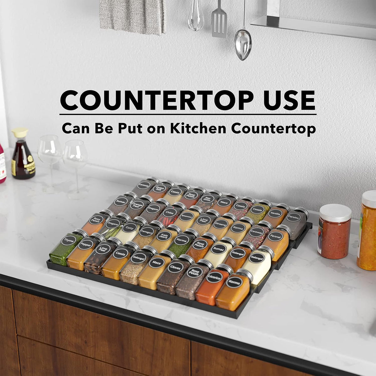 Spice Drawer Organizer with 28 Spice Jars, 386 Spice Labels, 4 Tier Seasoning Rack Tray Insert for Kitchen Drawers, 13" Wide x 17.5" Deep