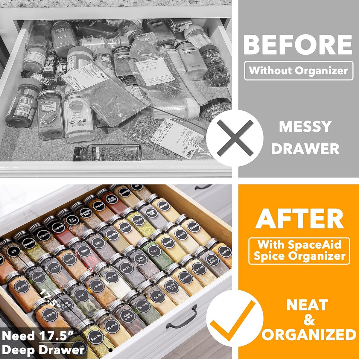 Spice Drawer Organizer with 28 Spice Jars, 386 Spice Labels, 4 Tier Seasoning Rack Tray Insert for Kitchen Drawers, 13" Wide x 17.5" Deep